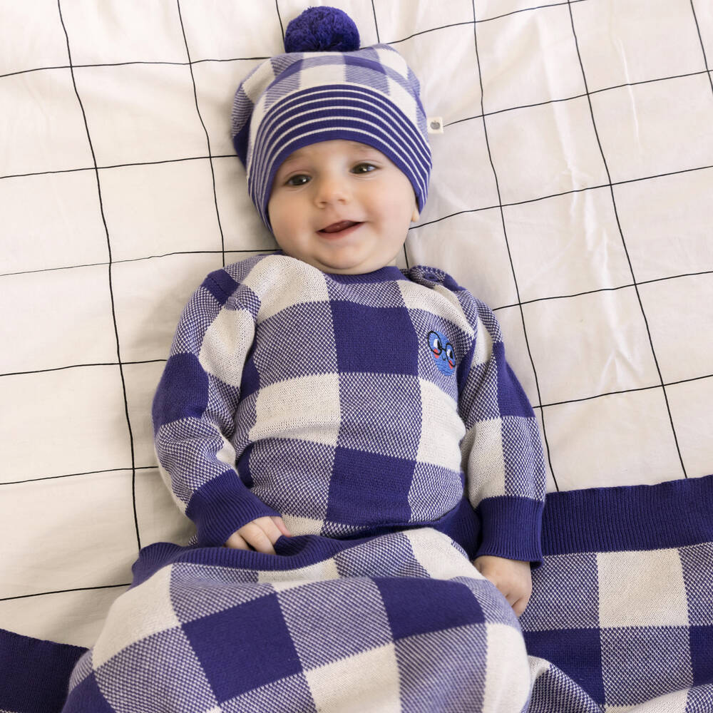 The Bonniemob-Baby Boys Blue Check Cotton Knit Romper | Childrensalon Outlet