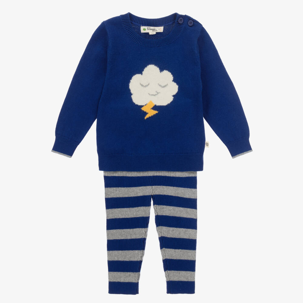 The Bonniemob-Baby Boys Blue Cotton Knit Leggings Set | Childrensalon Outlet