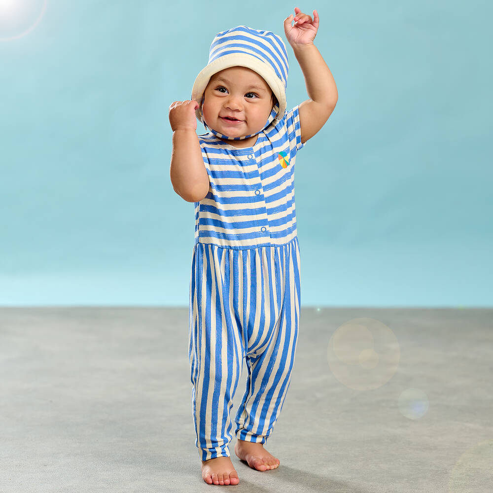 The Bonniemob-جمبسوت قطن عضوي جيرسي مقلم لون أزرق للأطفال | Childrensalon Outlet