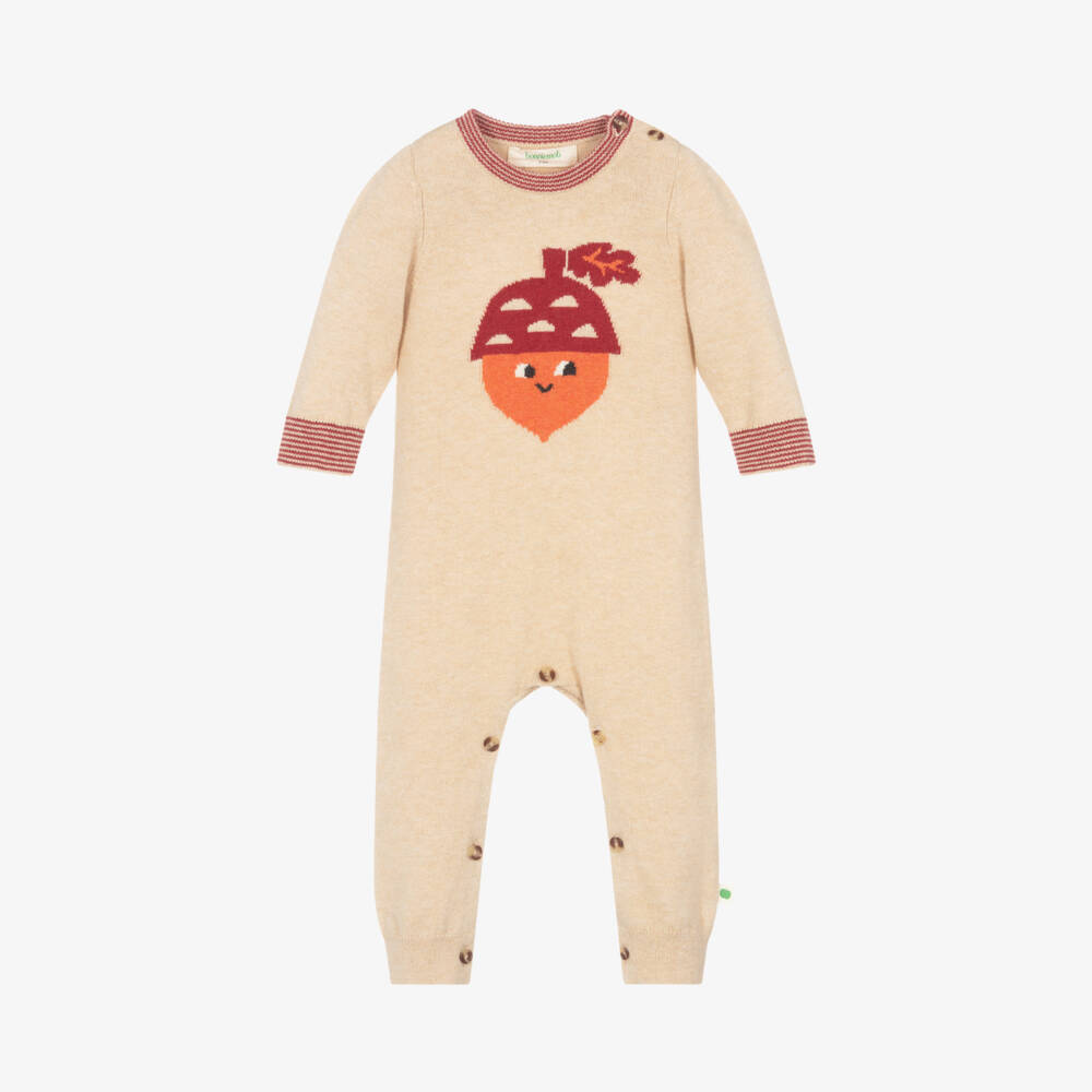 The Bonniemob-Boys Beige Knitted Acorn Babygrow | Childrensalon Outlet