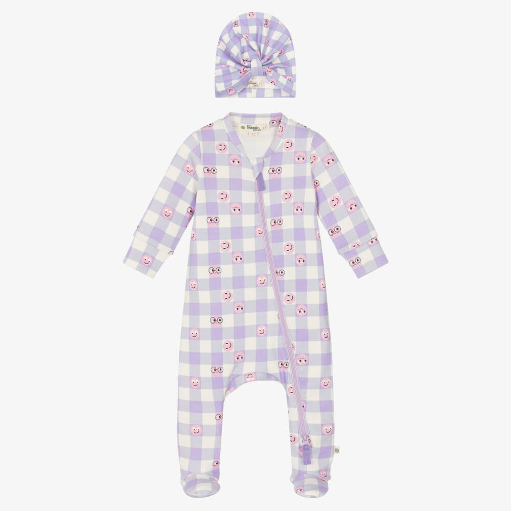 The Bonniemob-Girls Purple Cotton Gingham Babygrow Set | Childrensalon Outlet