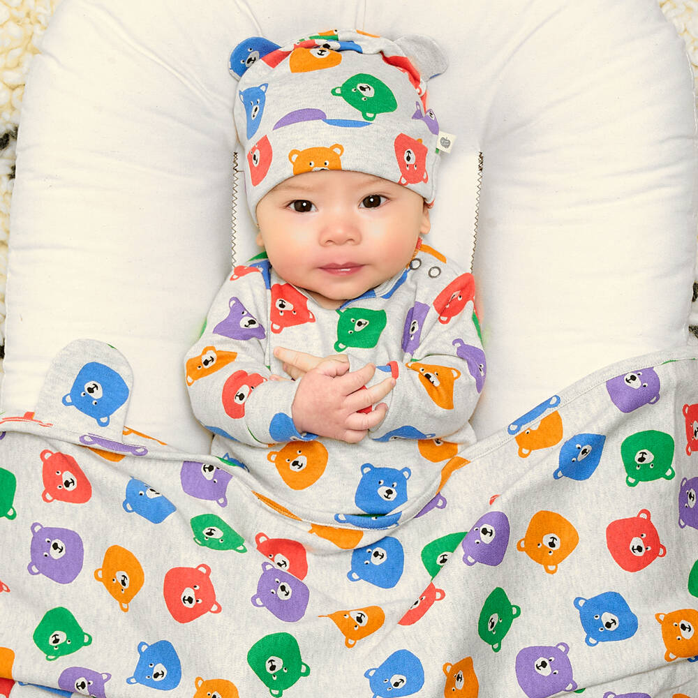 The Bonniemob-Grey Bear Print Hooded Blanket (96cm) | Childrensalon Outlet