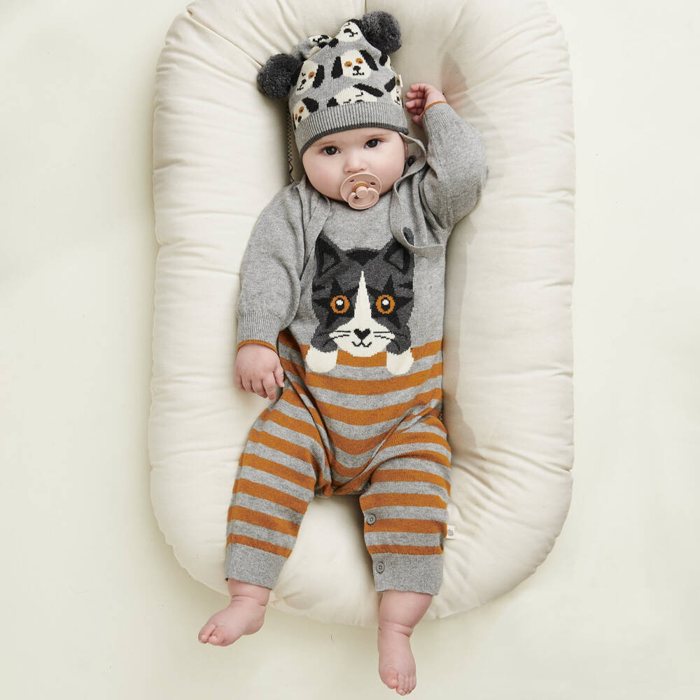 The Bonniemob-Grey Cotton Knit Romper | Childrensalon Outlet