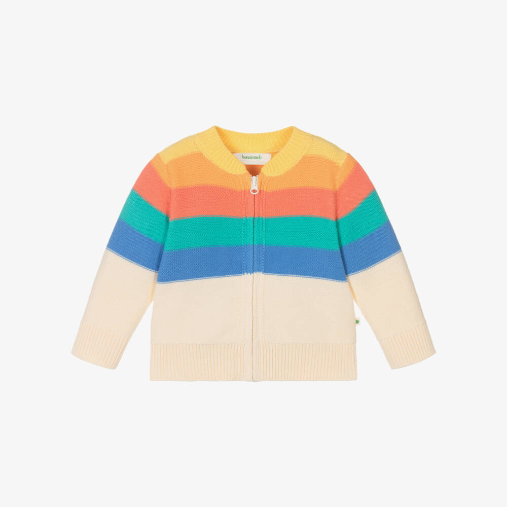 The Bonniemob-Ivory Rainbow Striped Organic Cotton Baby Cardigan | Childrensalon Outlet