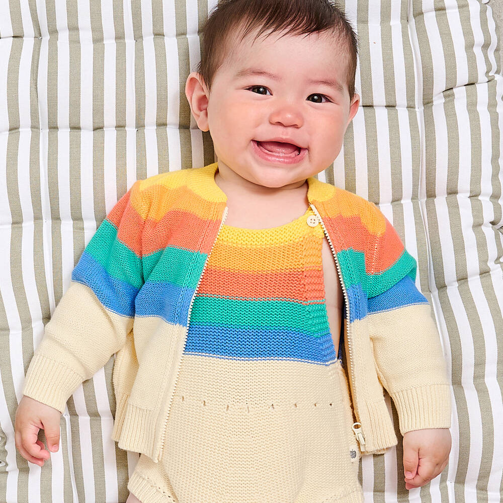 The Bonniemob-Ivory Rainbow Striped Organic Cotton Baby Cardigan | Childrensalon Outlet