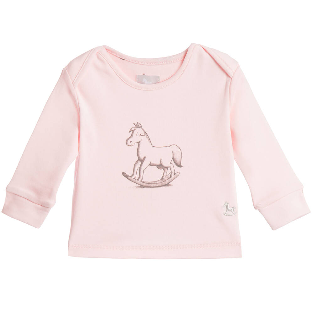 The Little Tailor - Baby Girls Pink Cotton Jersey Rocking Horse Top | Childrensalon