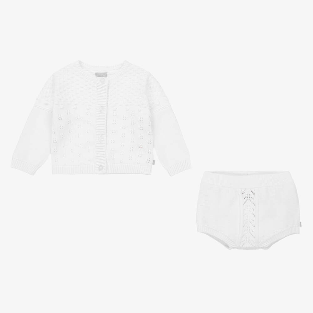 The Little Tailor-Baby Girls White Knitted Shorts Set | Childrensalon Outlet