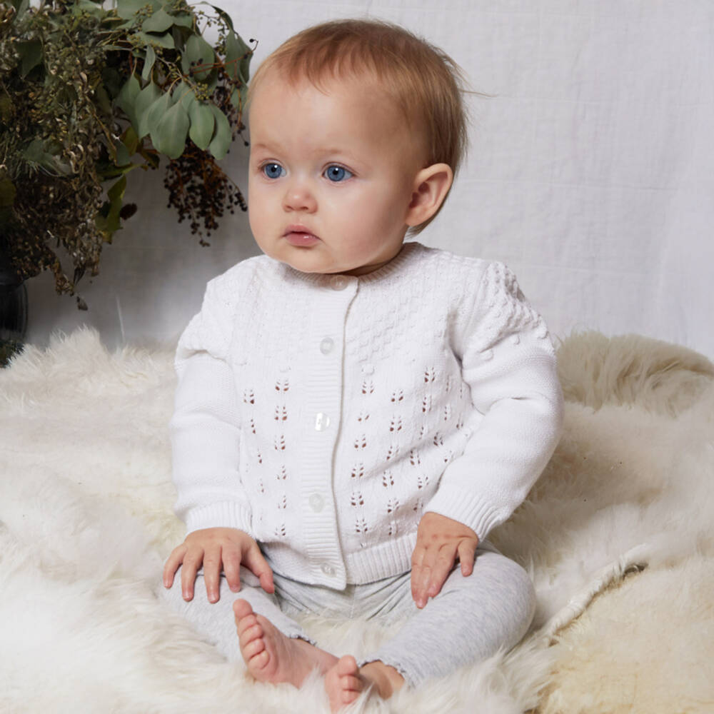 The Little Tailor-Baby Girls White Pointelle Cardigan | Childrensalon Outlet