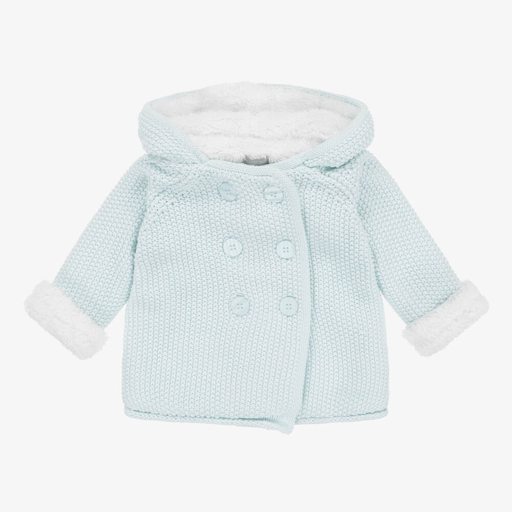 The Little Tailor - Blue Knitted Cotton Hooded Pram Coat | Childrensalon