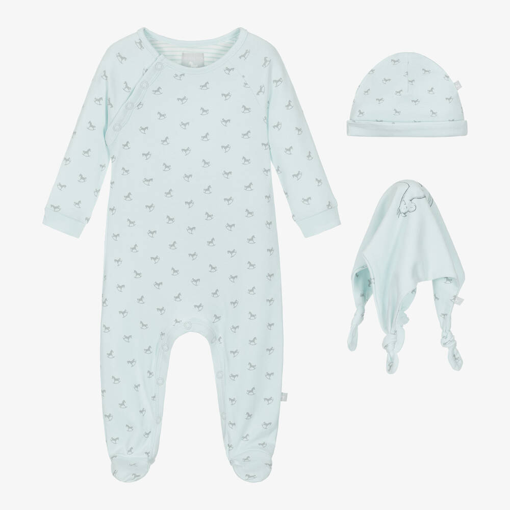 The Little Tailor - Blue Rocking Horse Cotton Babysuit Set | Childrensalon