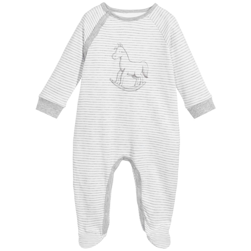The Little Tailor - Grey Striped Cotton Babygrow | Childrensalon