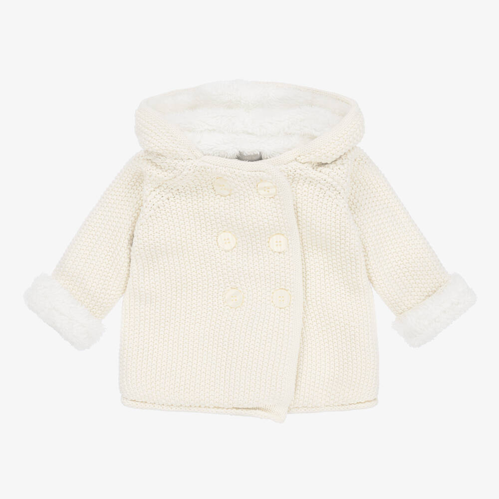 The Little Tailor - Ivory Knitted Cotton Hooded Pram Coat | Childrensalon