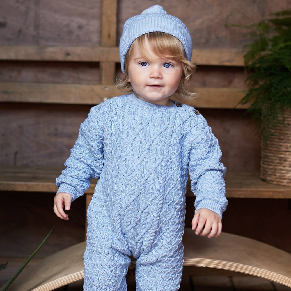 The Little Tailor Pale Blue Knit Romper Hat Set