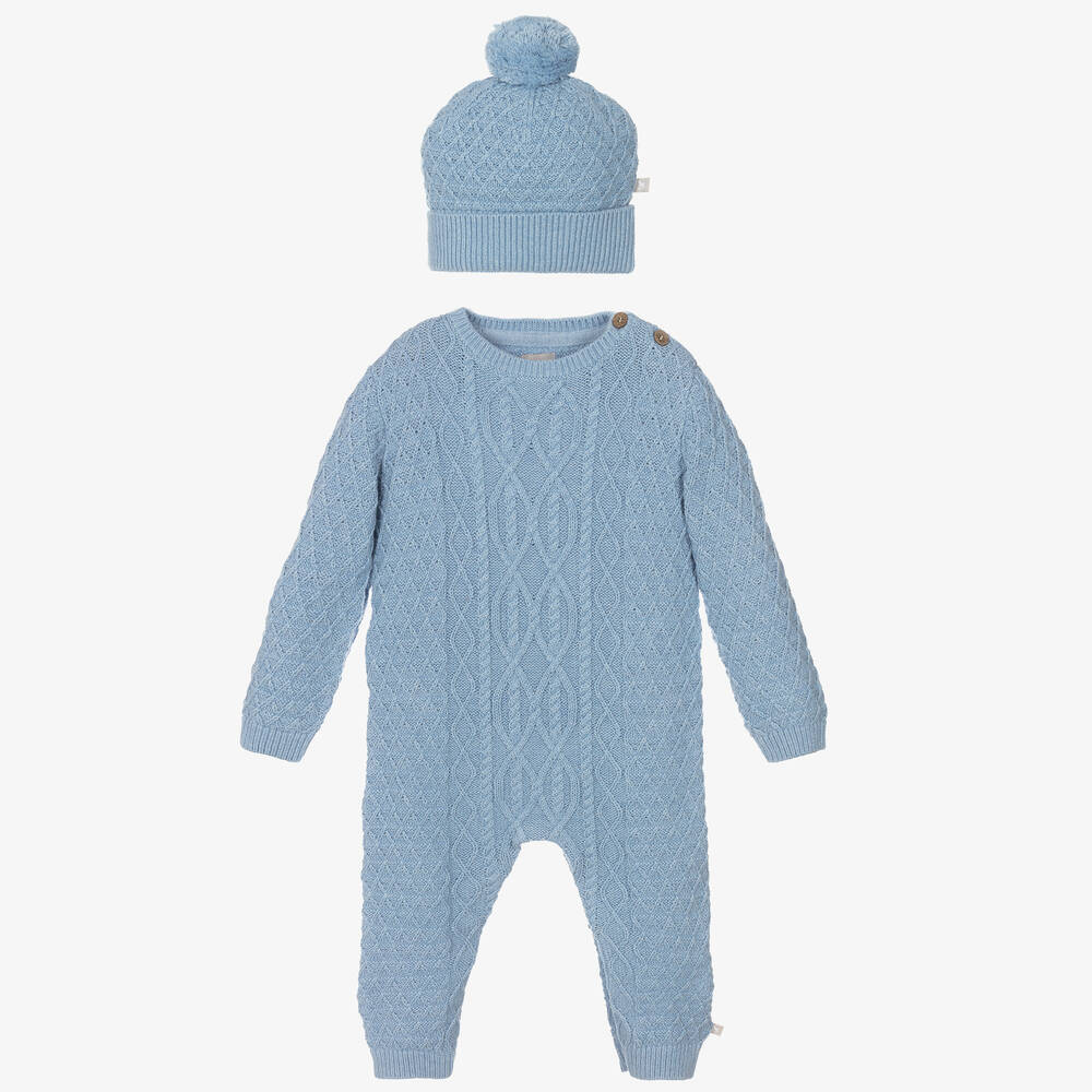 The Little Tailor - Pale Blue Knit Romper & Hat Set | Childrensalon