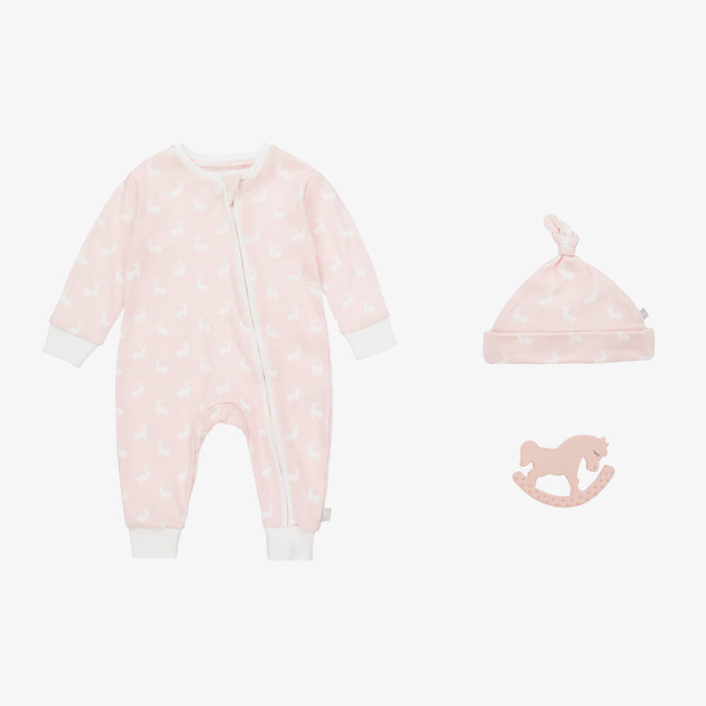 The Little Tailor-Pink Hare Print Cotton Babysuit Set | Childrensalon Outlet