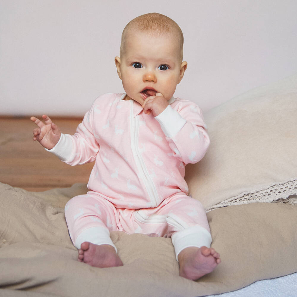 The Little Tailor-Pink Hare Print Cotton Jersey Romper | Childrensalon Outlet
