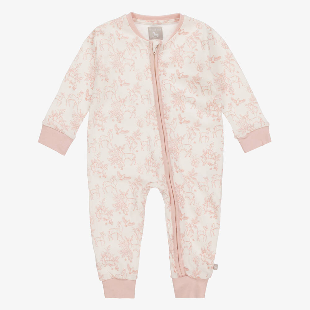 The Little Tailor-White & Pink Woodland Print Cotton Romper | Childrensalon Outlet