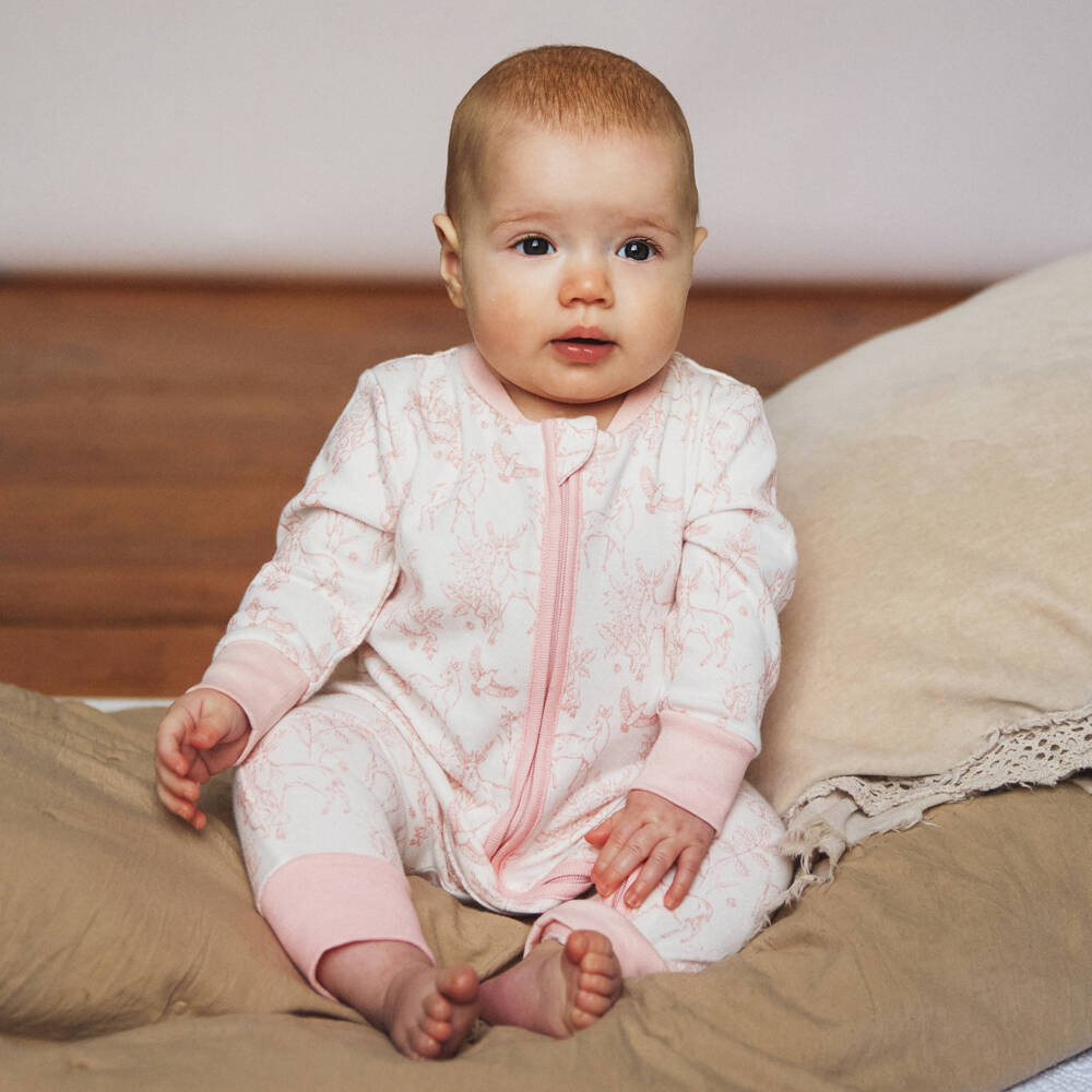 The Little Tailor-White & Pink Woodland Print Cotton Romper | Childrensalon Outlet