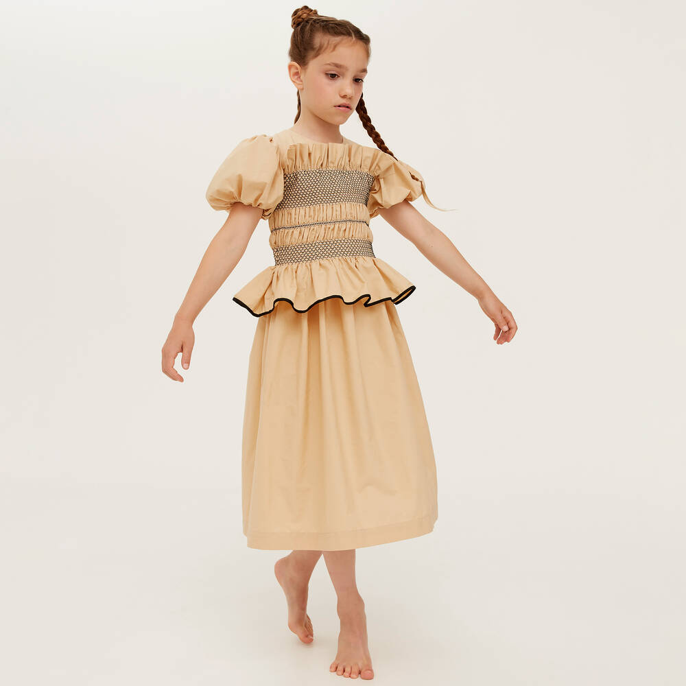 The Middle Daughter-Girls Beige Cotton Shirred Frill Dress | Childrensalon Outlet