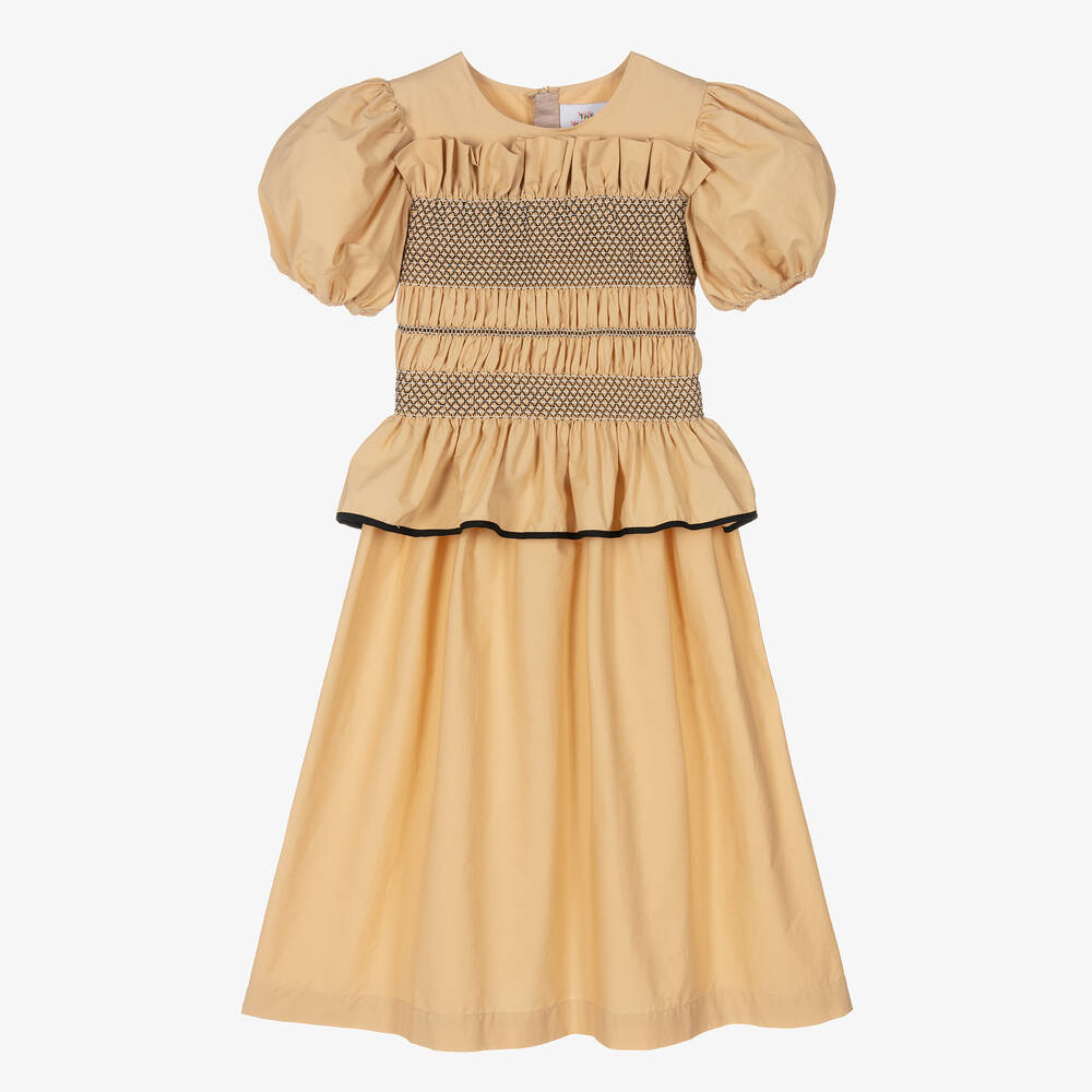 The Middle Daughter - Girls Beige Cotton Shirred Frill Dress | Childrensalon