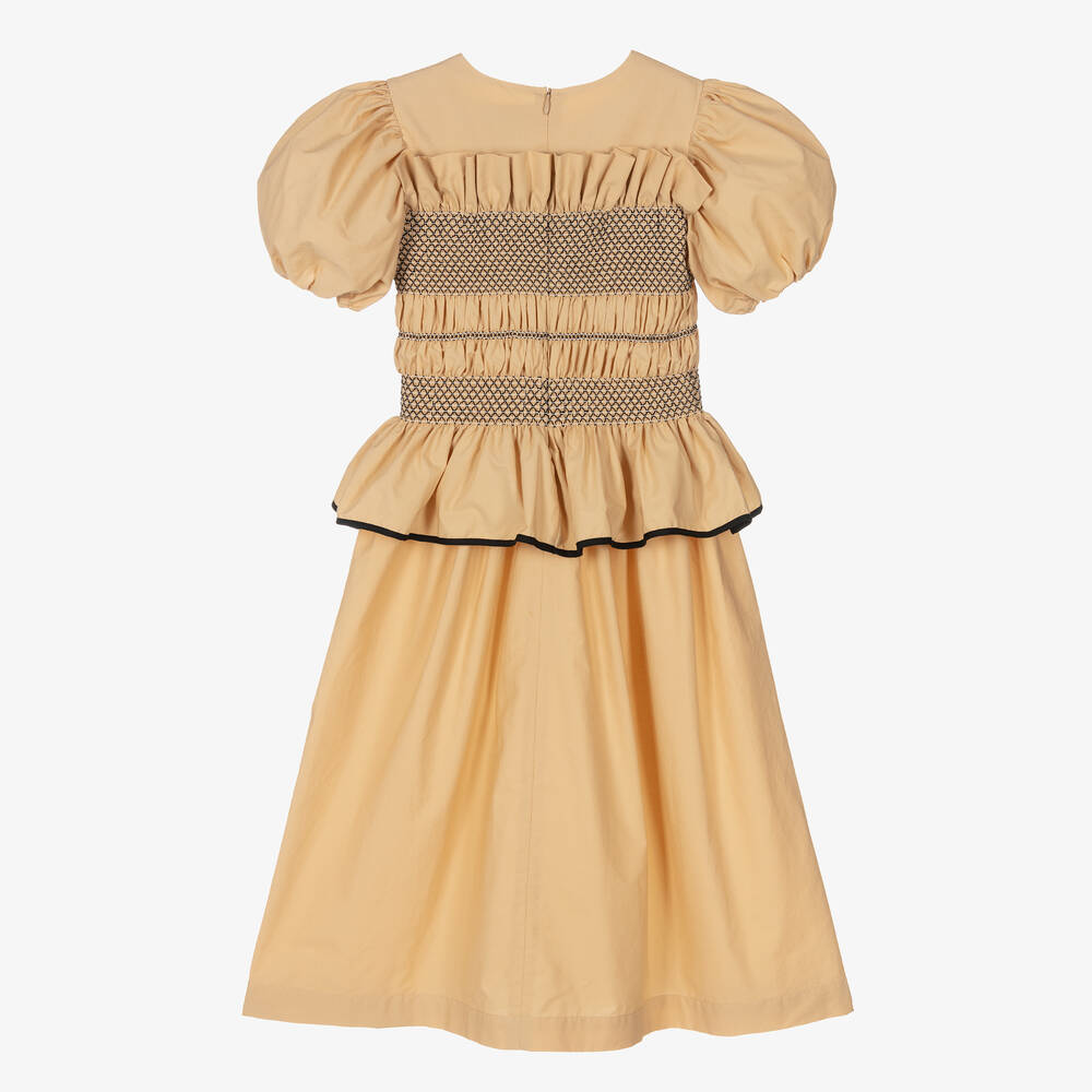 The Middle Daughter-Girls Beige Cotton Shirred Frill Dress | Childrensalon Outlet