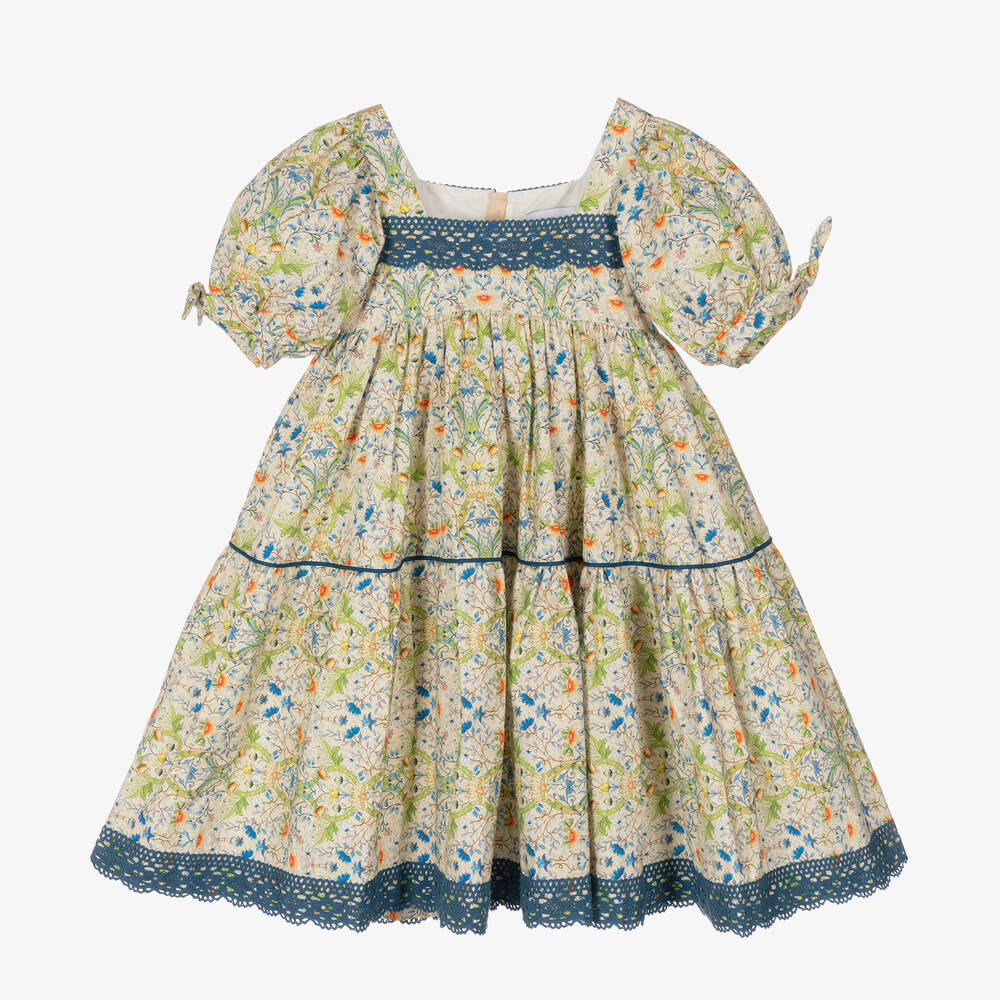The Middle Daughter - Girls Beige Floral Cotton Tiered Dress | Childrensalon