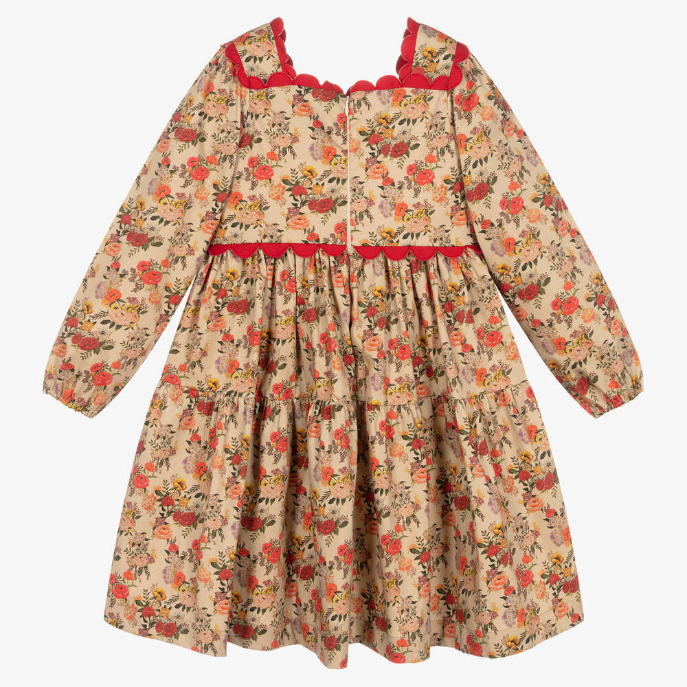 The Middle Daughter-Girls Beige & Red Floral Scallop Dress | Childrensalon Outlet
