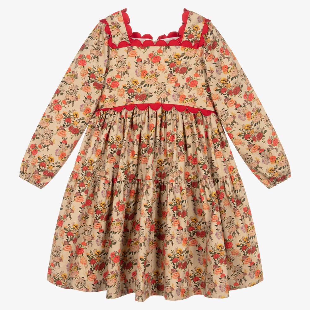 The Middle Daughter - Girls Beige & Red Floral Scallop Dress | Childrensalon