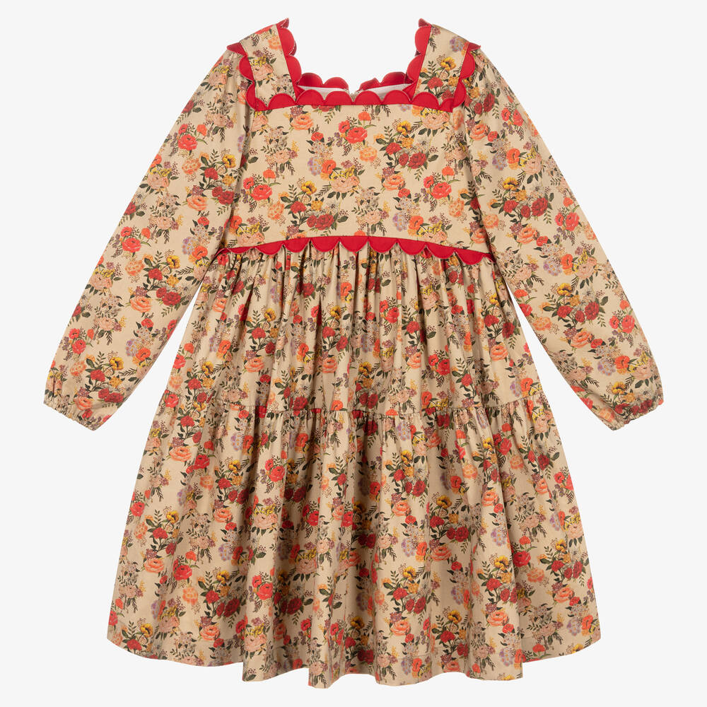 The Middle Daughter - Bogenkanten-Blumenkleid Beige/Rot | Childrensalon