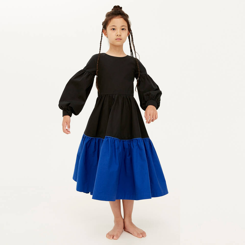The Middle Daughter-Girls Black & Blue Cotton Midi Dress | Childrensalon Outlet