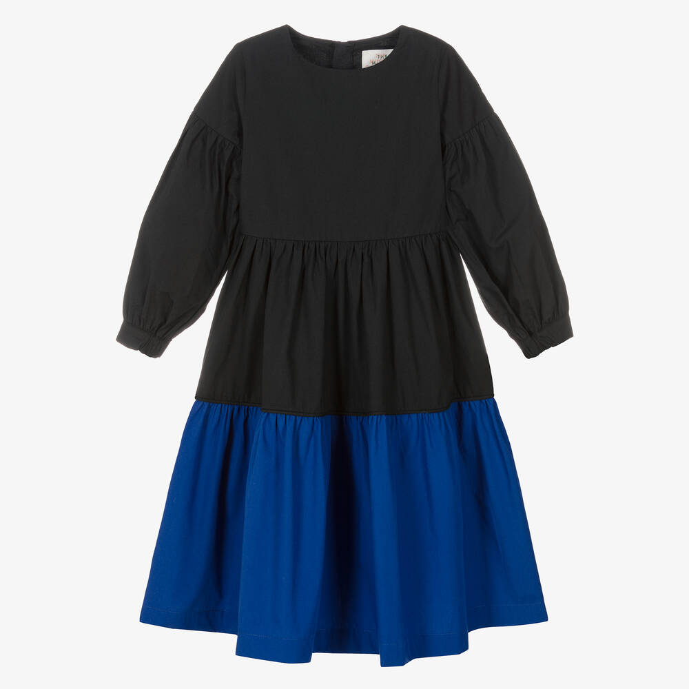 The Middle Daughter - Girls Black & Blue Cotton Midi Dress | Childrensalon