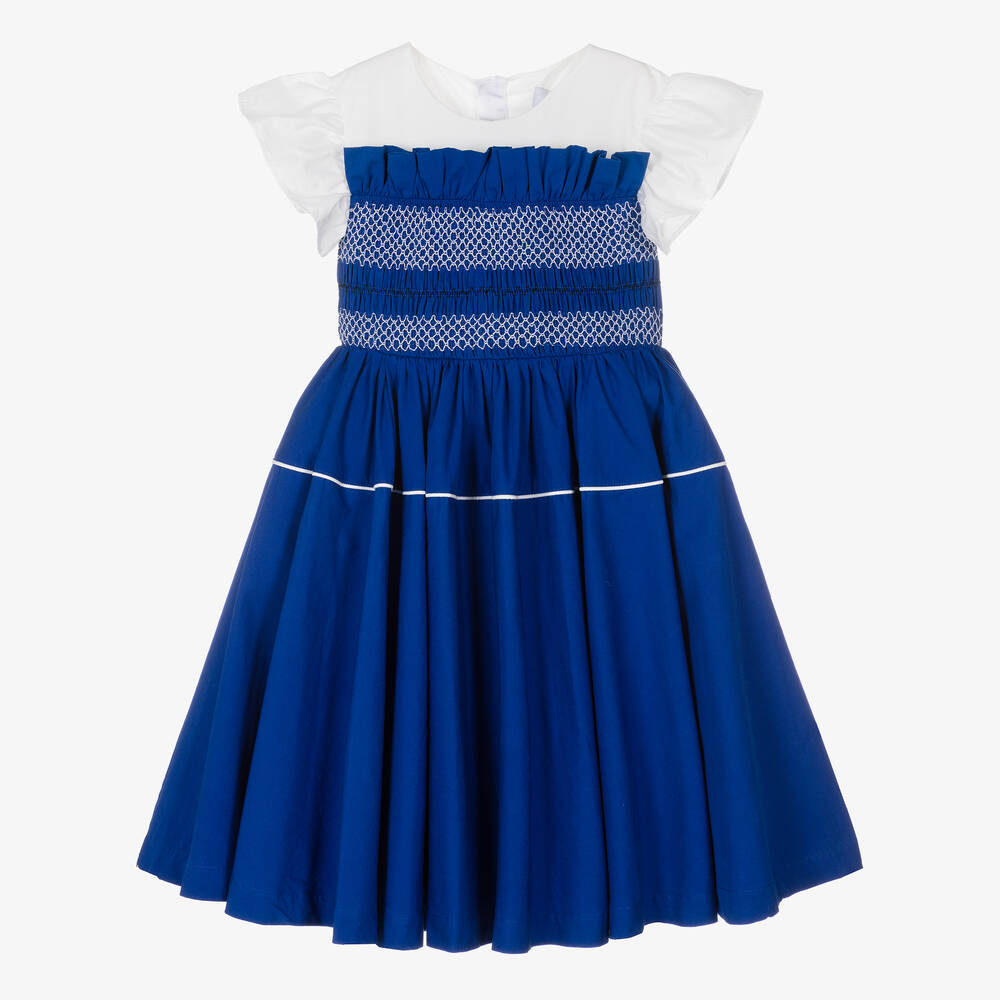 The Middle Daughter - Girls Blue Shirred Cotton Frill Dress | Childrensalon