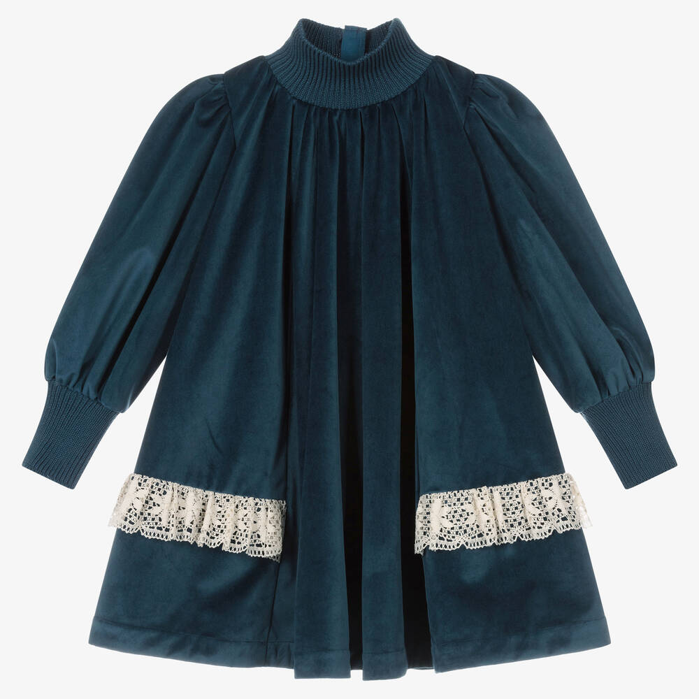 The Middle Daughter - Girls Blue Velvet & Lace High-Neck Dress | Childrensalon