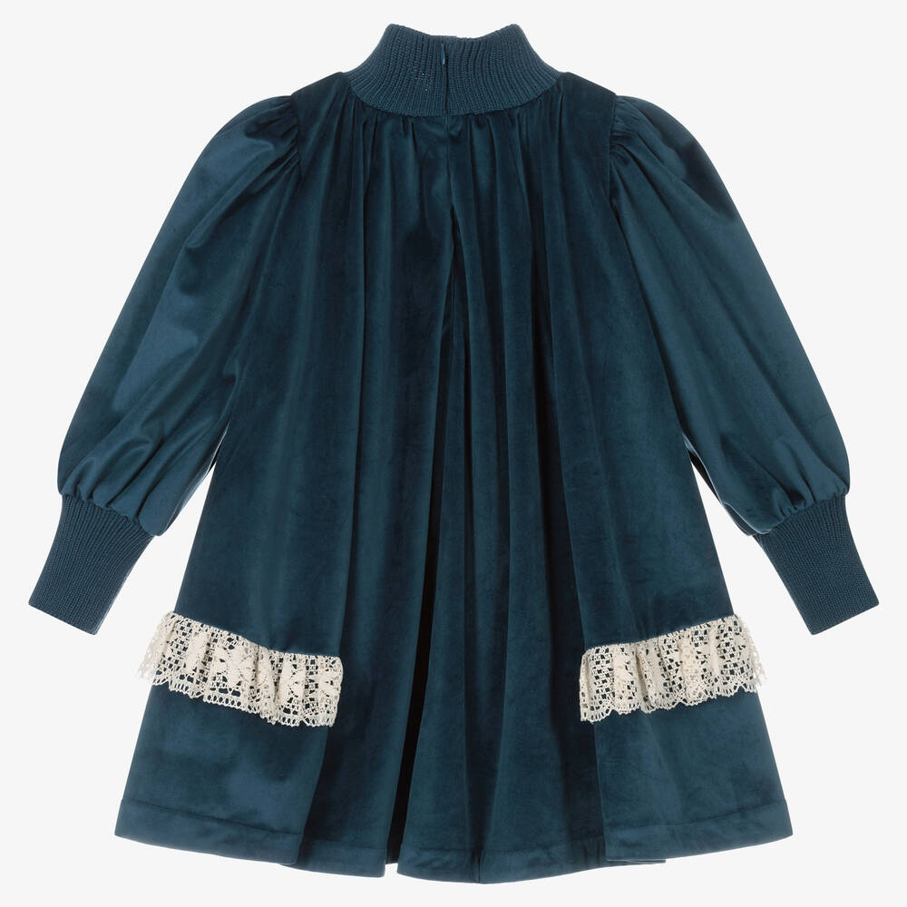 The Middle Daughter-Girls Blue Velvet & Lace High-Neck Dress | Childrensalon Outlet