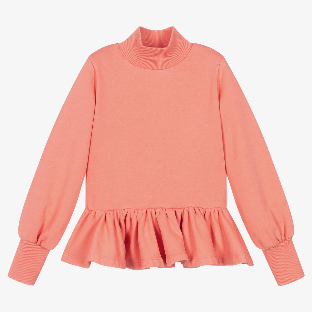 The Middle Daughter - Girls Coral Pink Cotton Peplum Sweatshirt | Childrensalon