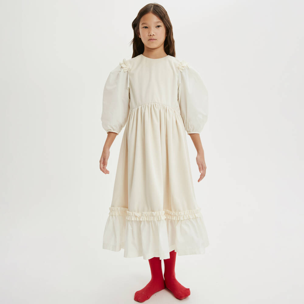 The Middle Daughter-Girls Cream Velour and Cotton Dress | Childrensalon Outlet