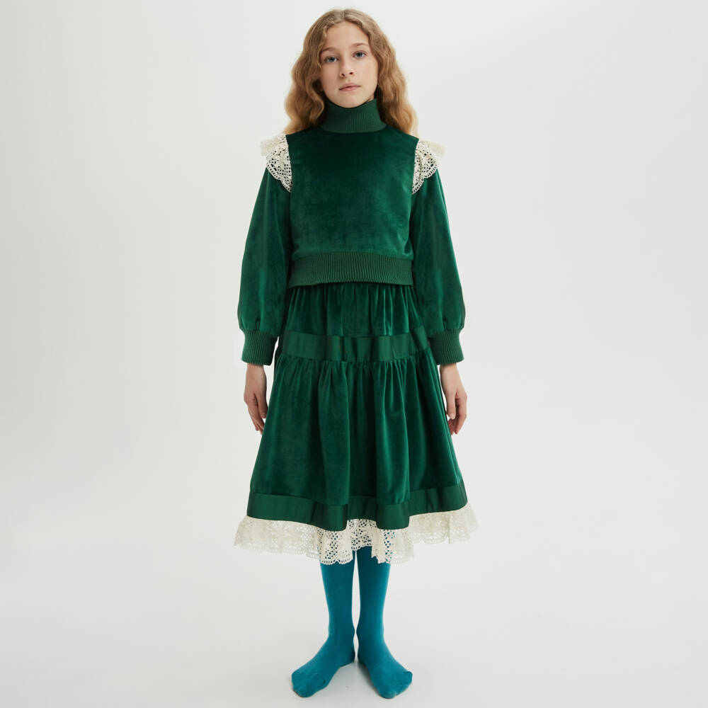 The Middle Daughter-Girls Emerald Velvet Lace Top | Childrensalon Outlet