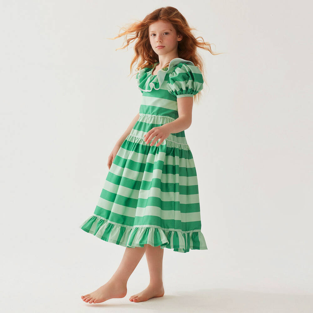 The Middle Daughter-Girls Green Striped Cotton Dress | Childrensalon Outlet