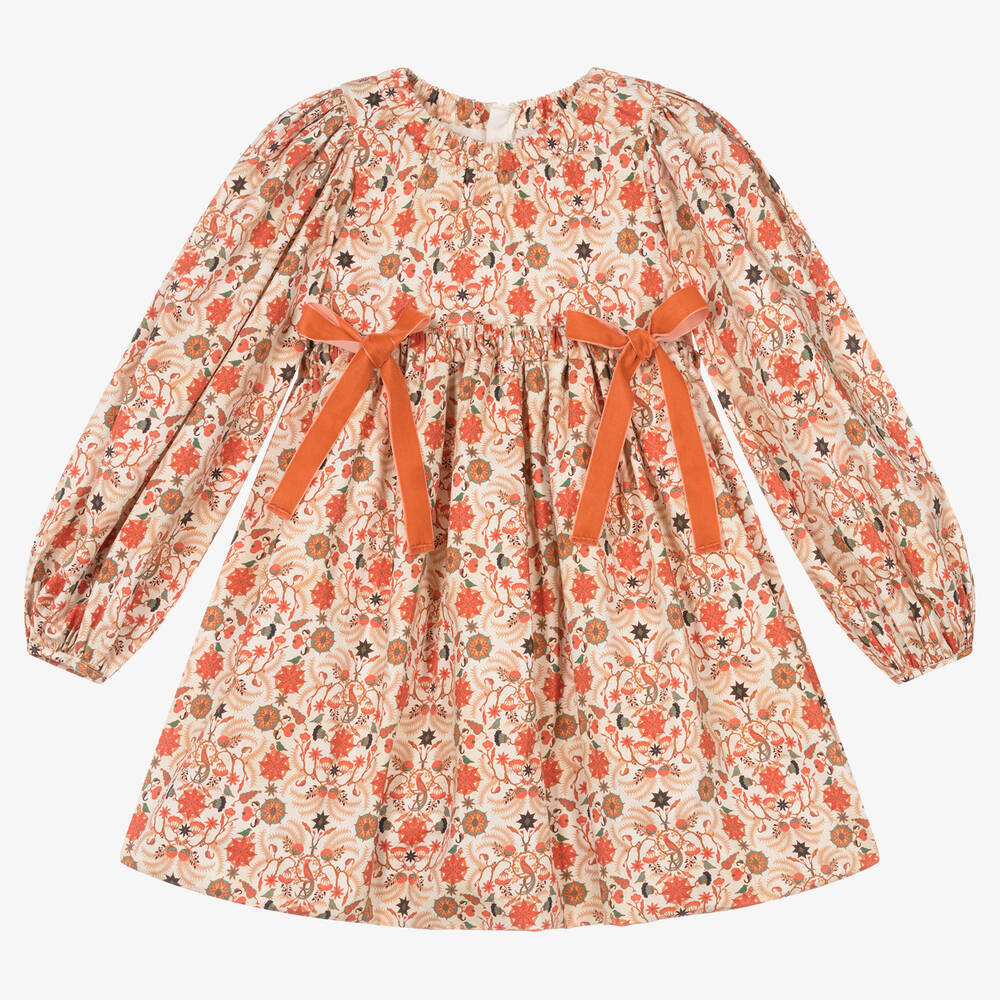 The Middle Daughter - Girls Ivory & Orange Floral Puff Sleeve Dress | Childrensalon