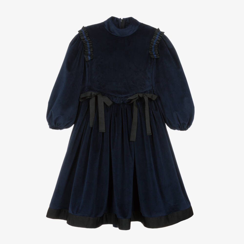 The Middle Daughter-Girls Navy Velvet Bow Dress | Childrensalon Outlet