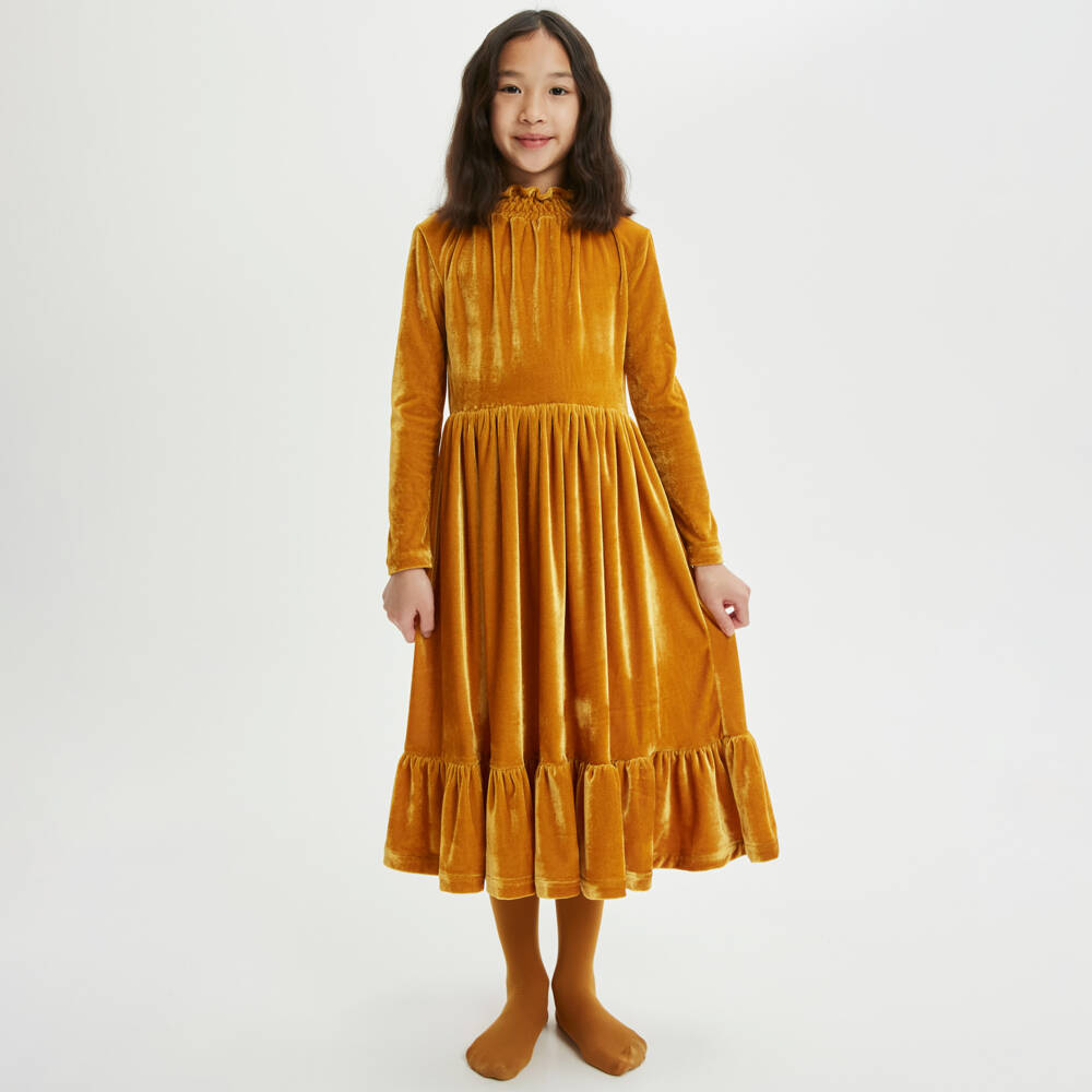 The Middle Daughter-Girls Ochre Velour Tiered Dress | Childrensalon Outlet
