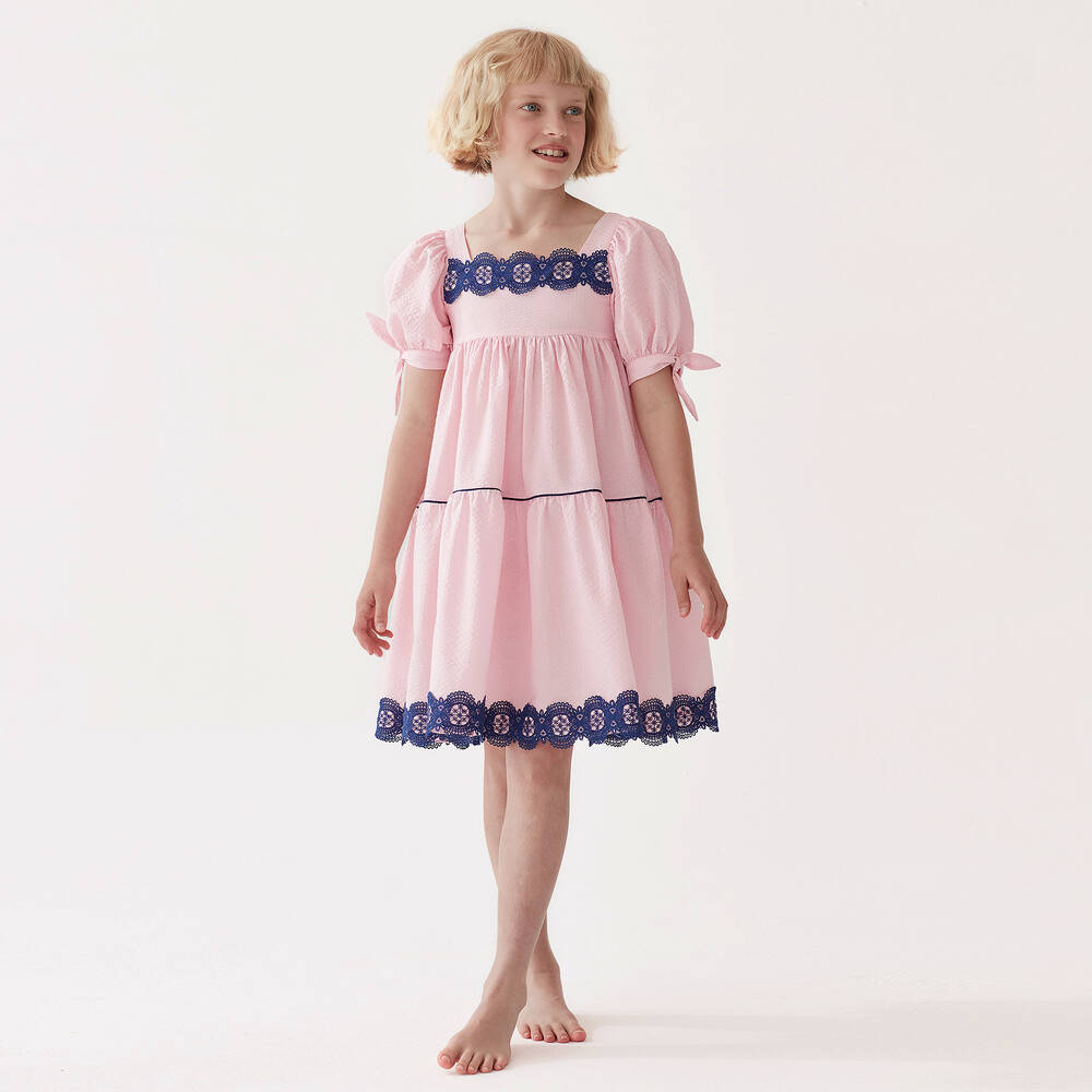 The Middle Daughter-Girls Pink & Blue Cotton Tiered Dress | Childrensalon Outlet