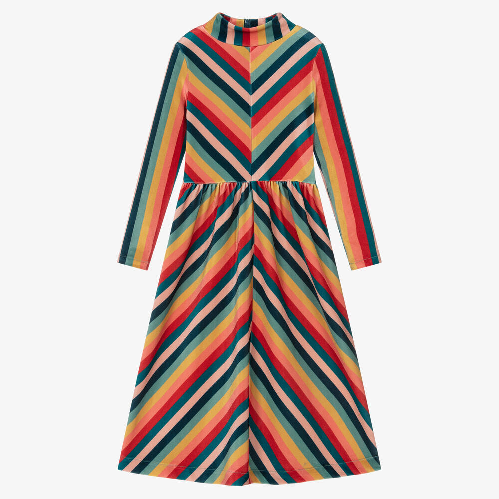 The Middle Daughter - Girls Red & Green Striped Velour Dress | Childrensalon