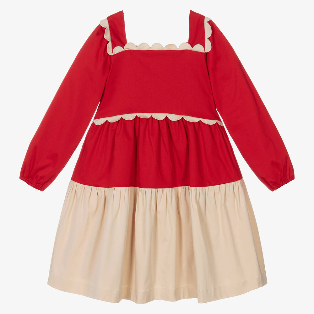 The Middle Daughter - Girls Red & Ivory Scallop Dress | Childrensalon