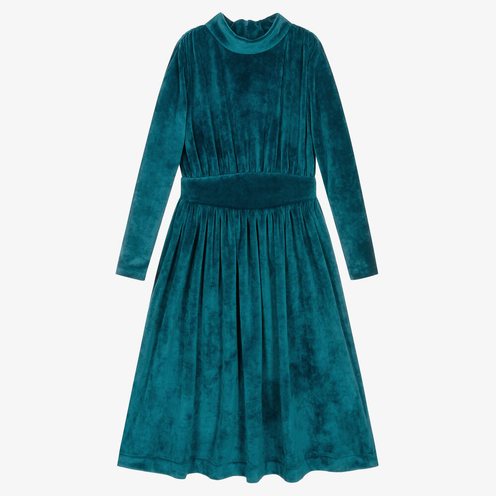The Middle Daughter - Girls Teal Blue Velour Dress | Childrensalon