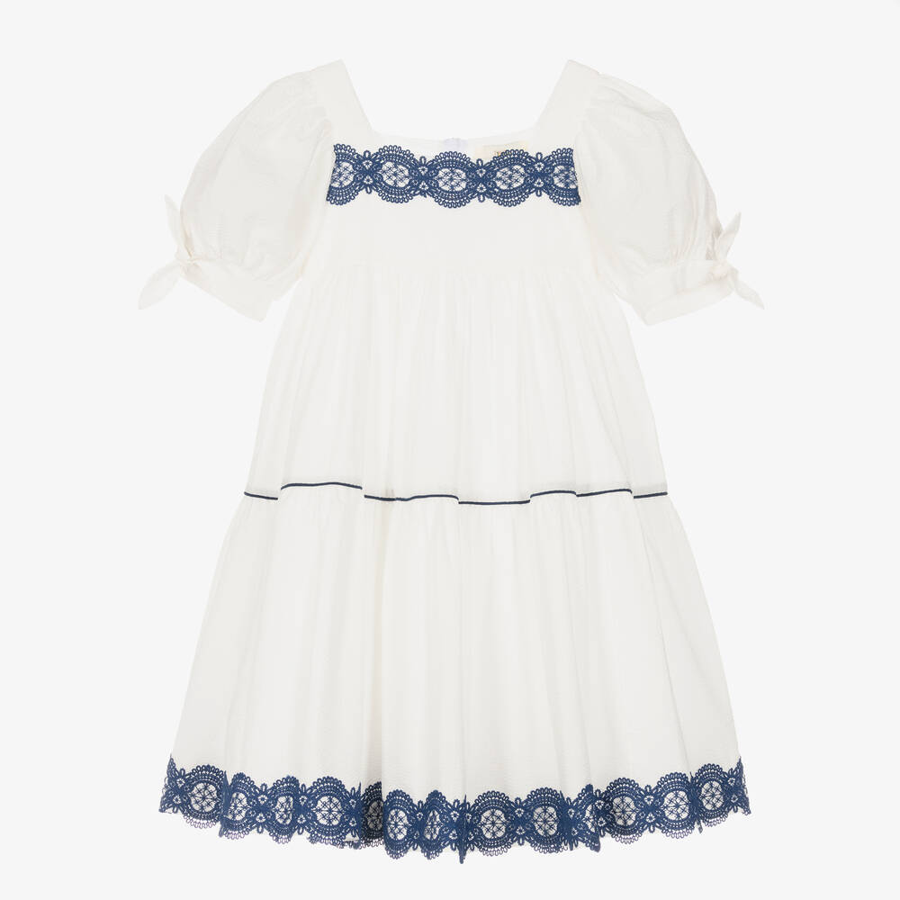 The Middle Daughter-Girls White & Blue Cotton Tiered Dress | Childrensalon Outlet