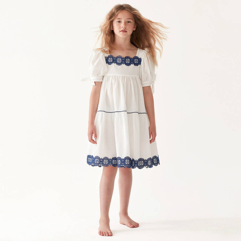 The Middle Daughter-Girls White & Blue Cotton Tiered Dress | Childrensalon Outlet