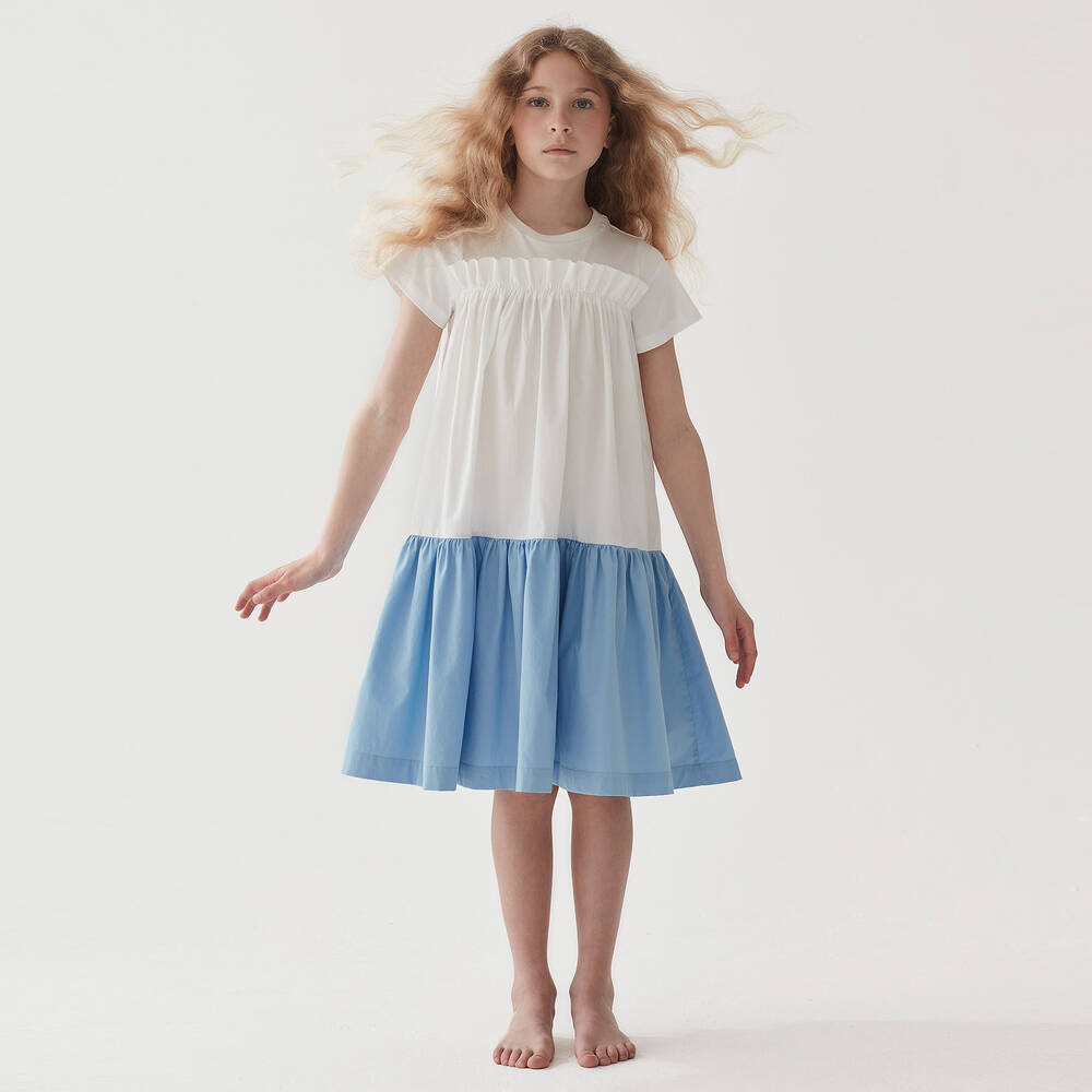 The Middle Daughter-Girls White & Blue Tiered Dress | Childrensalon Outlet