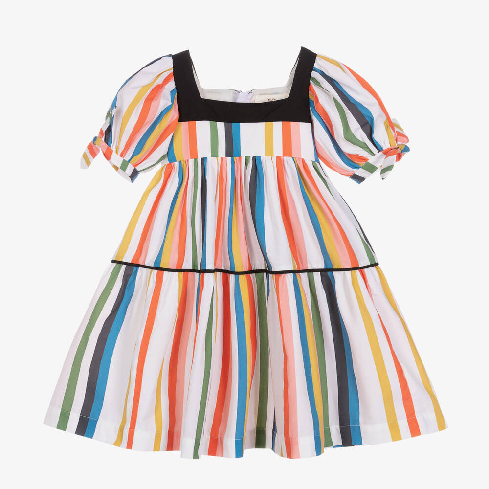 The Middle Daughter - Girls White & Multi Stripe Cotton Dress | Childrensalon