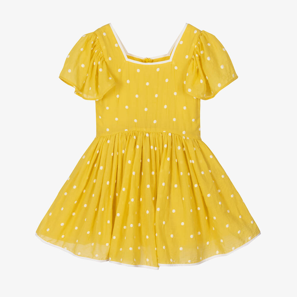 The Middle Daughter - Girls Yellow Cotton Polka Dot Dress | Childrensalon